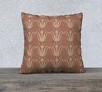 Decorative pillow with a geometric pattern on a wooden surface and light gray background