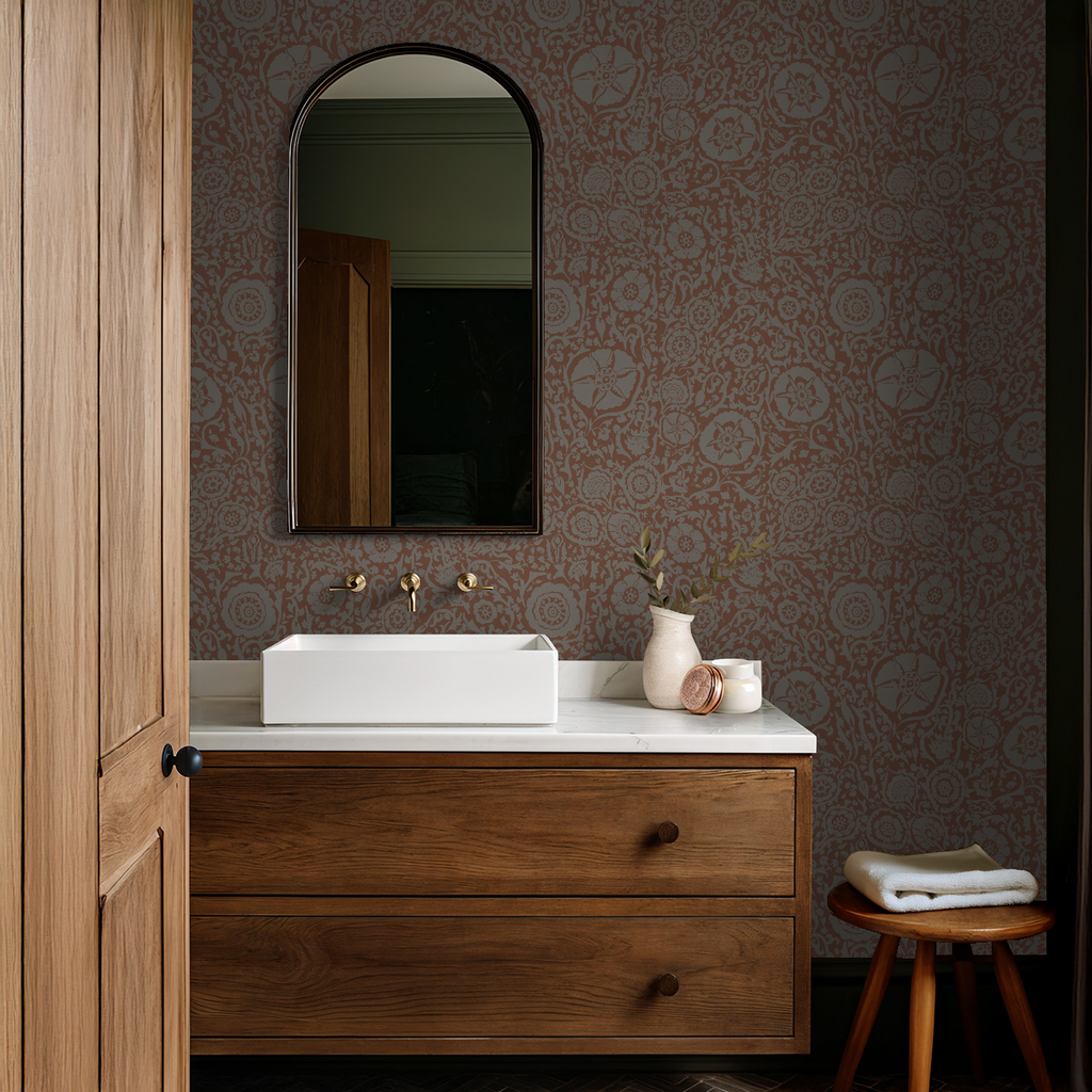 Suzani floral in peach, Wallpaper