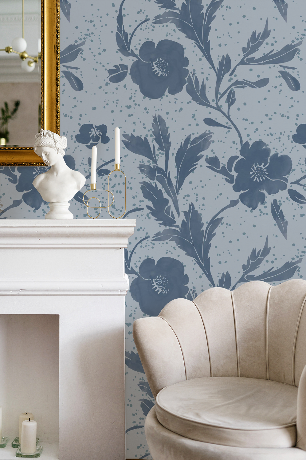 Washed florals in sky, wallpaper