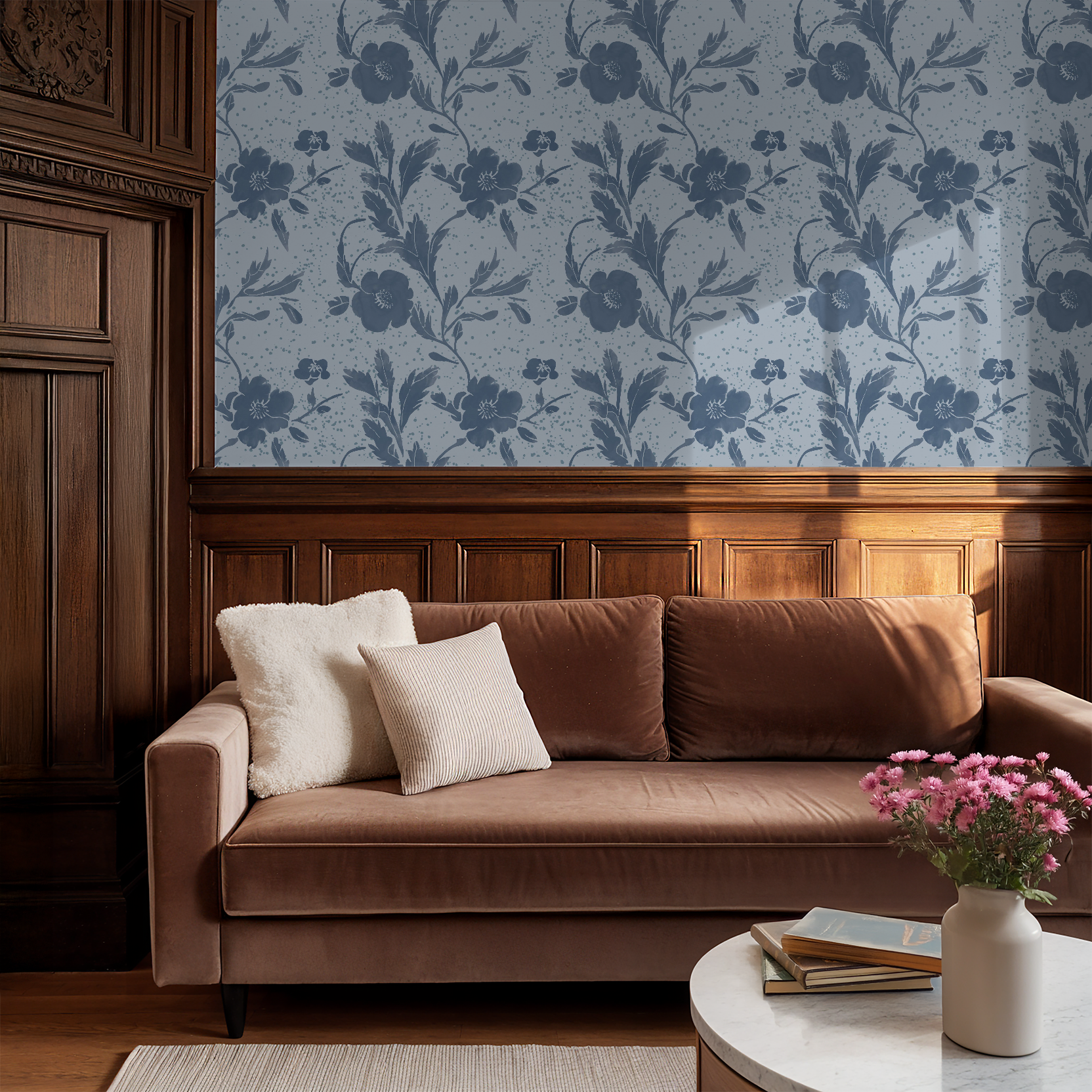 Washed florals in sky, wallpaper