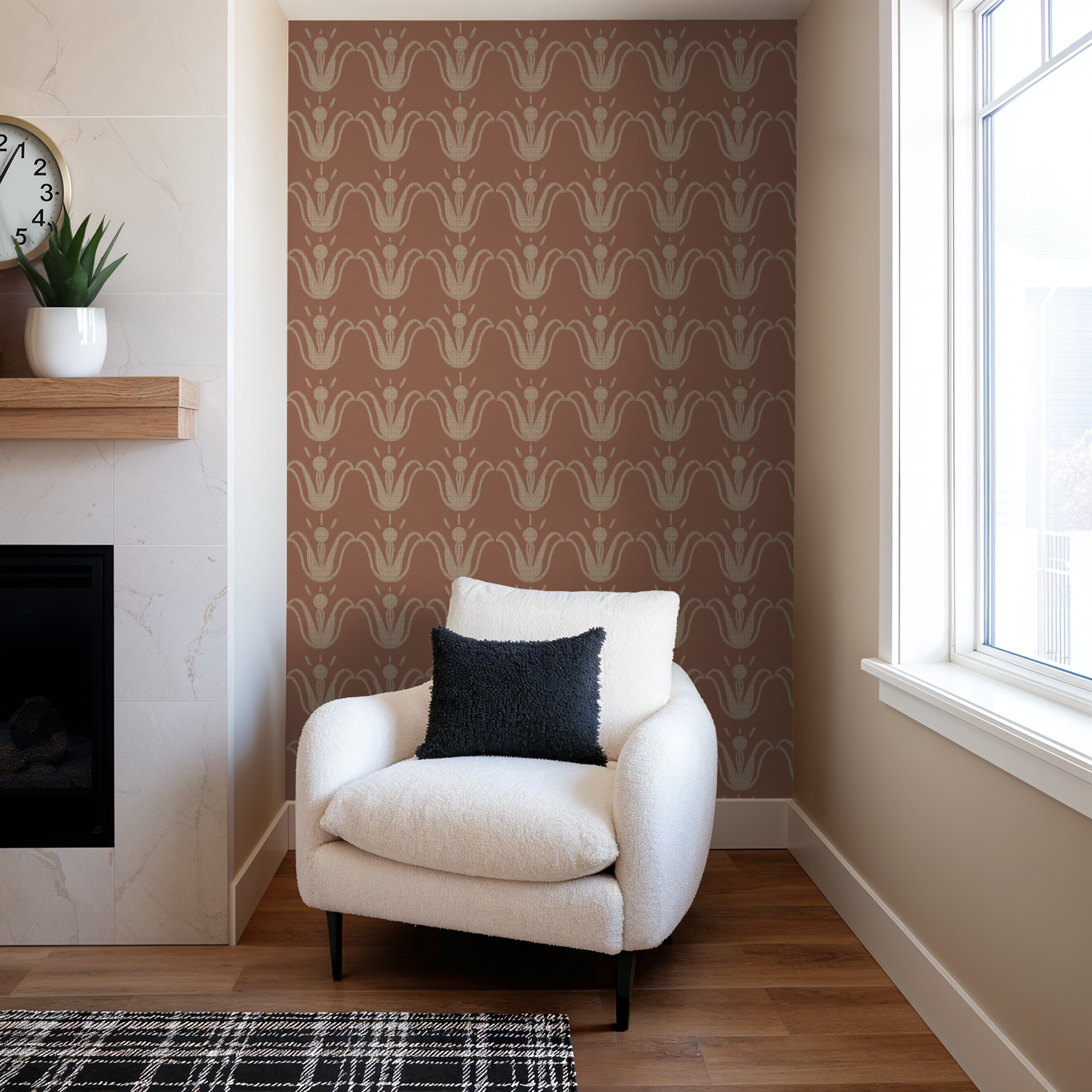 blush wallpaper with batik pattern in living room