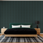Bedroom with a green headboard, black bedding, wooden nightstands, and plaid rug.
