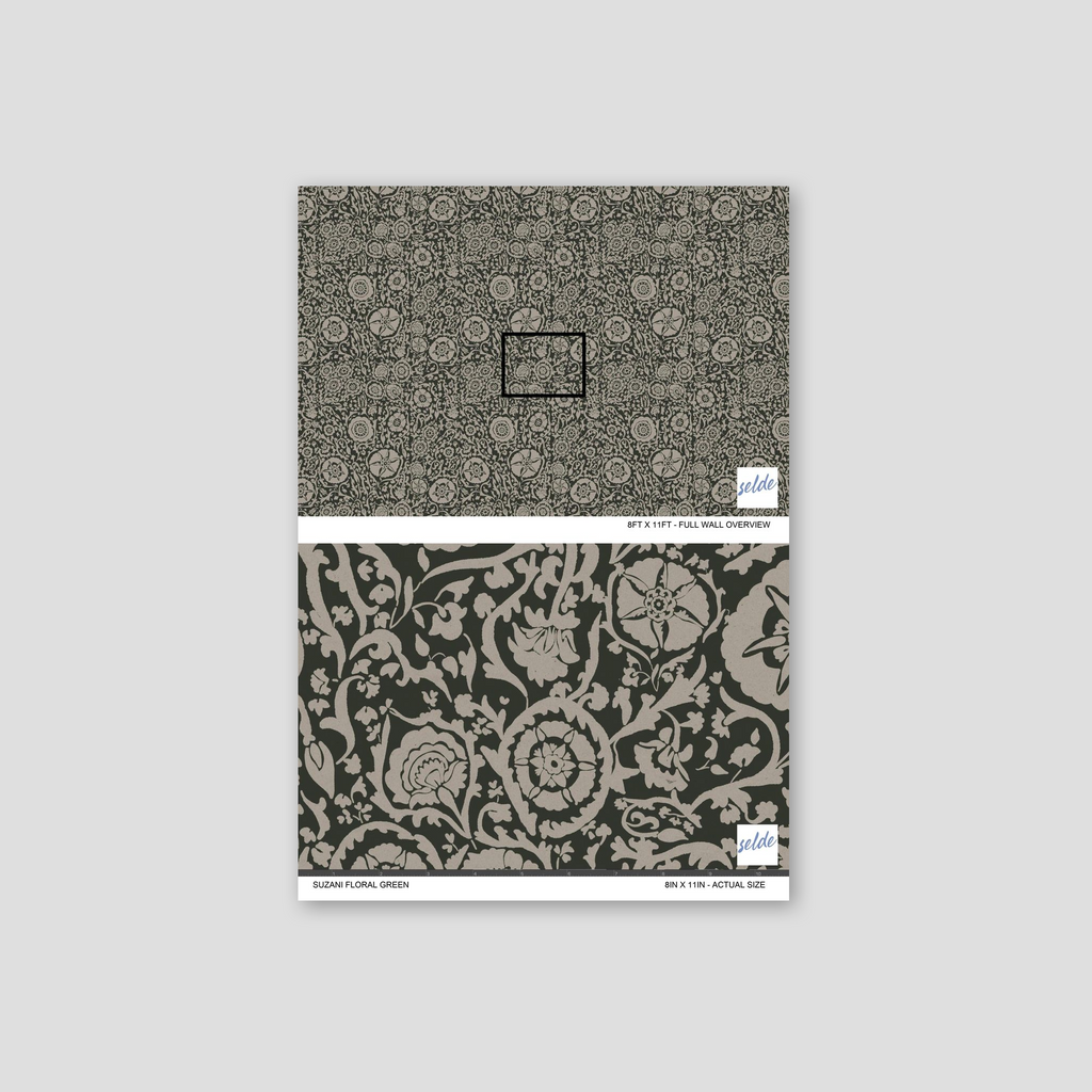 Suzani floral green wallpaper with intricate patterns on a black background.